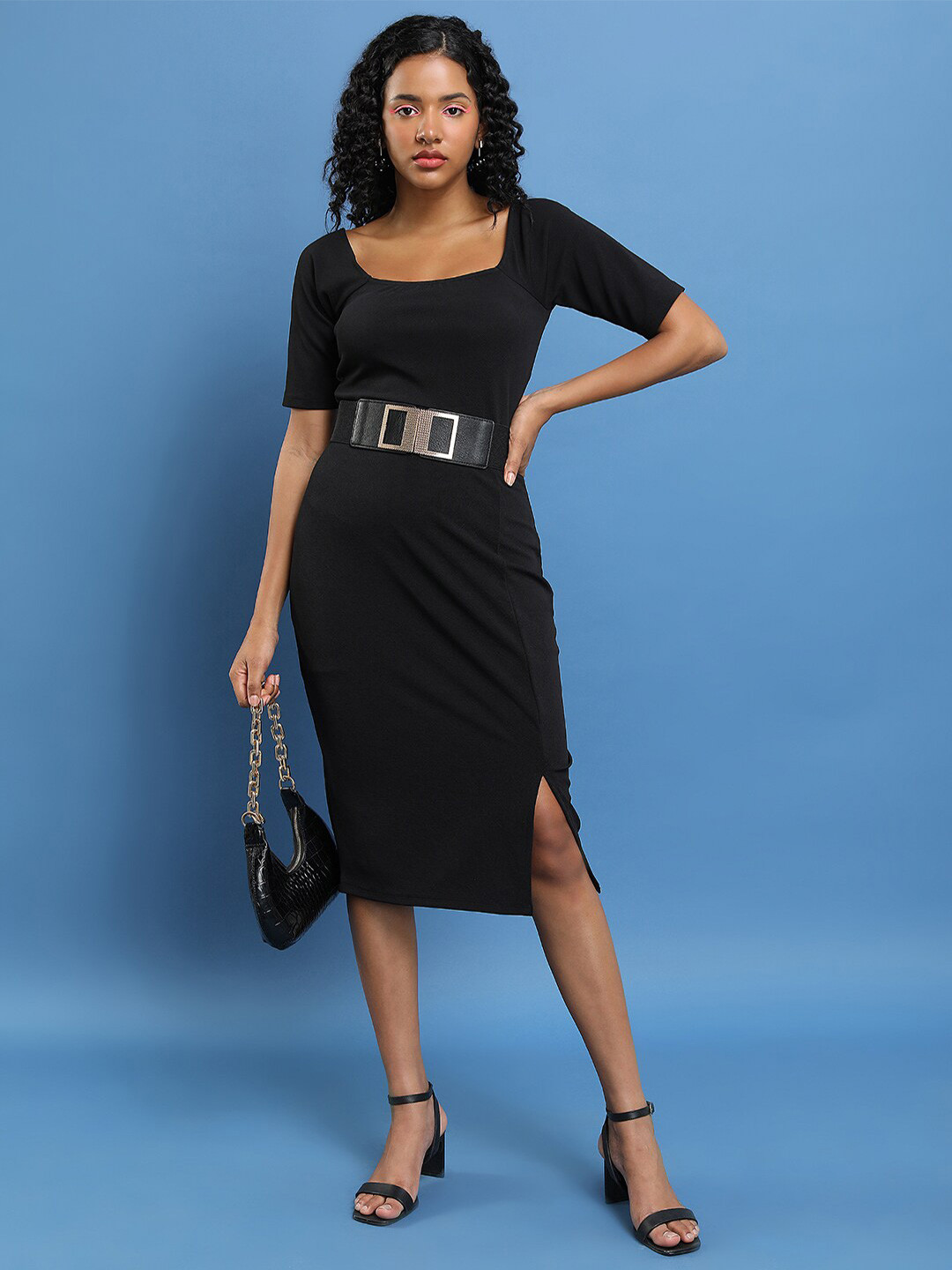 KETCH Black Square Neck Sheath Midi Dress