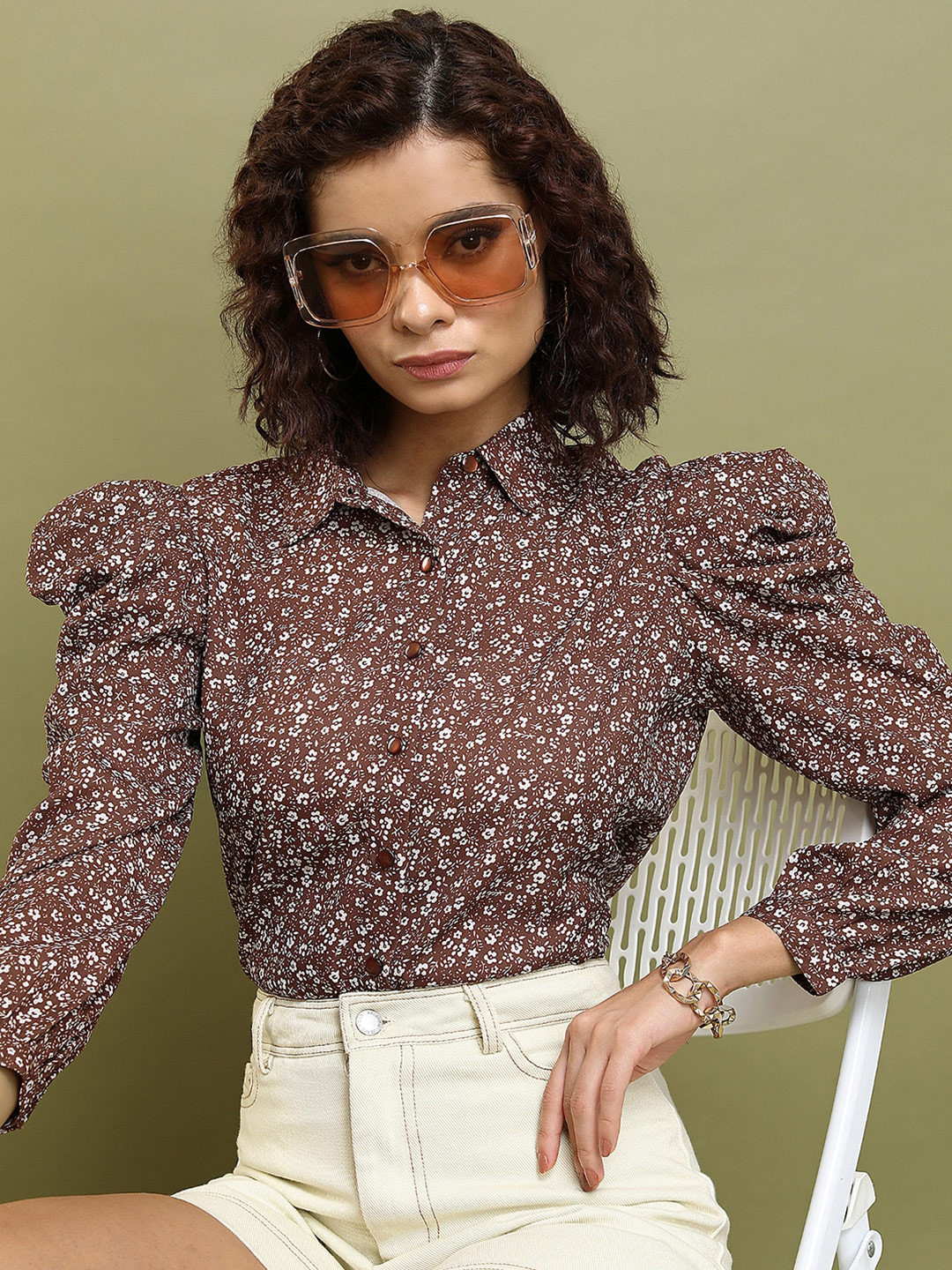 Tokyo Talkies Brown Floral Printed Puffed Sleeves Shirt Style Top