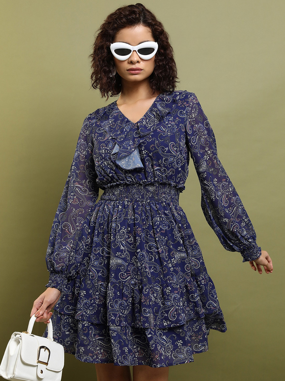 Tokyo Talkies Navy Blue Floral Print Puff Sleeve Fit & Flare Dress