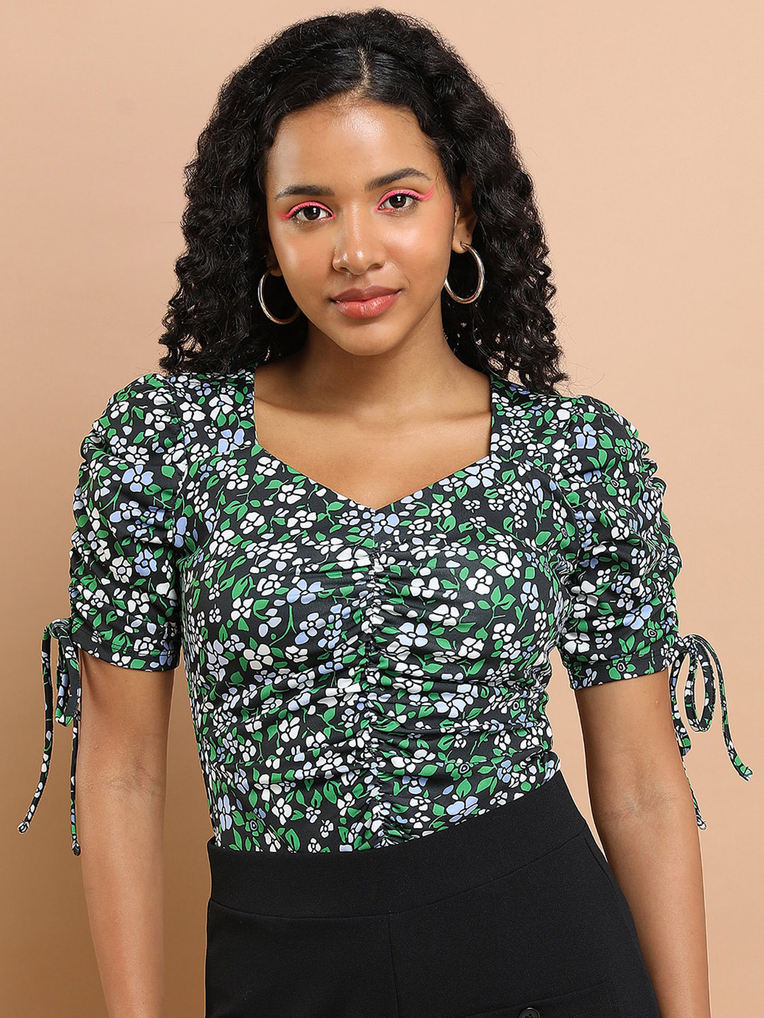 Tokyo Talkies Black Floral Printed Sweetheart Neck Ruched Top
