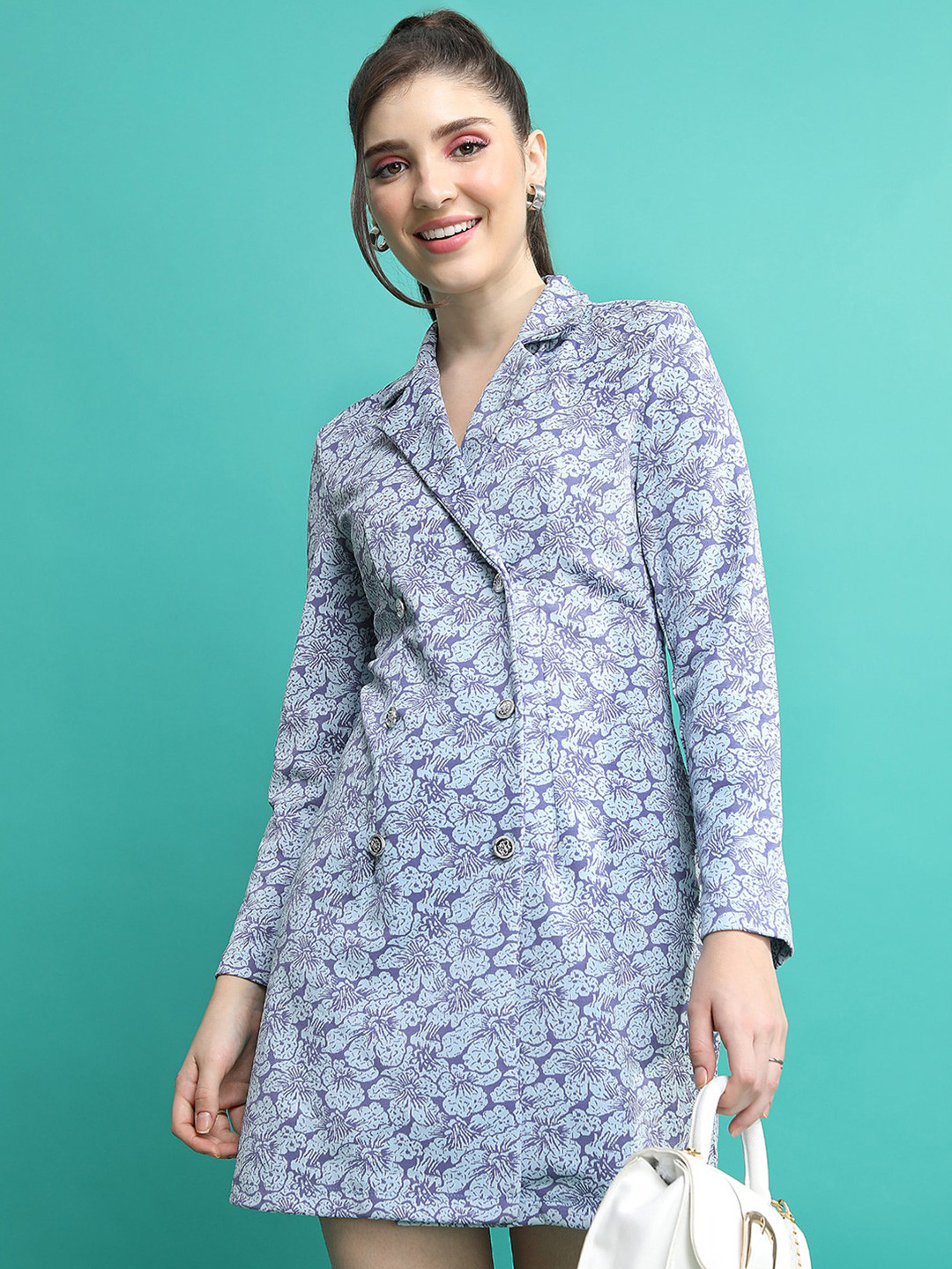 Tokyo Talkies Grey Floral Printed Shirt Collar Long Sleeve Shirt Dress