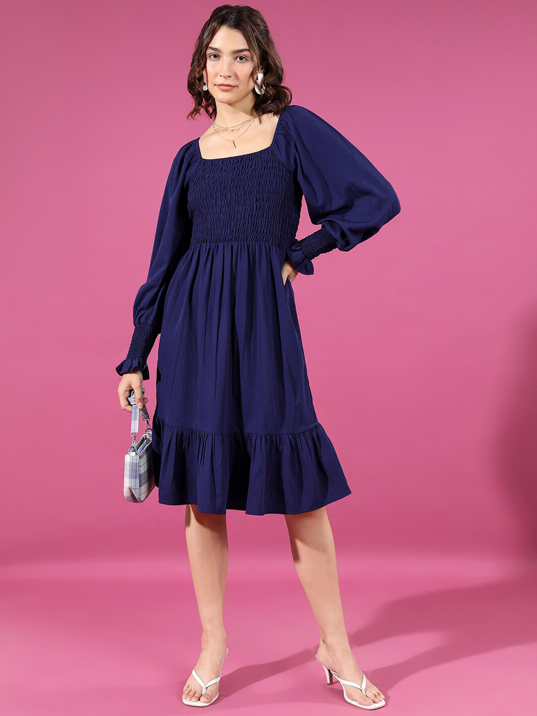 Tokyo Talkies Navy Blue Puff Sleeve Fit & Flare Dress