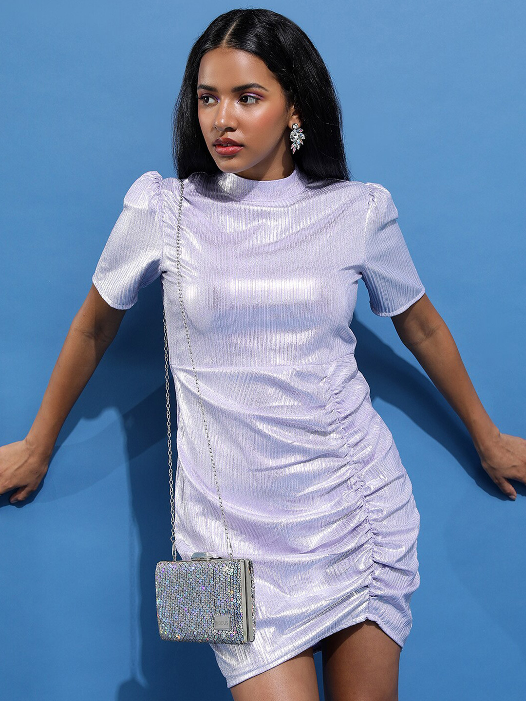 Tokyo Talkies Embellished High Neck Puff Sleeves Bodycon Mini Dress