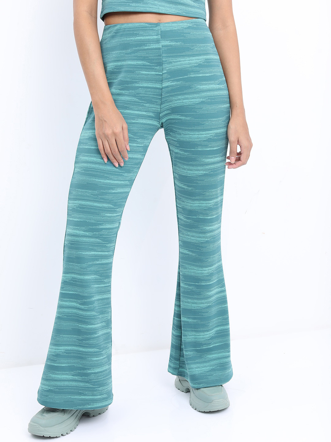 Tokyo Talkies Women Teal Blue Abstract Printed Bootcut Trouser