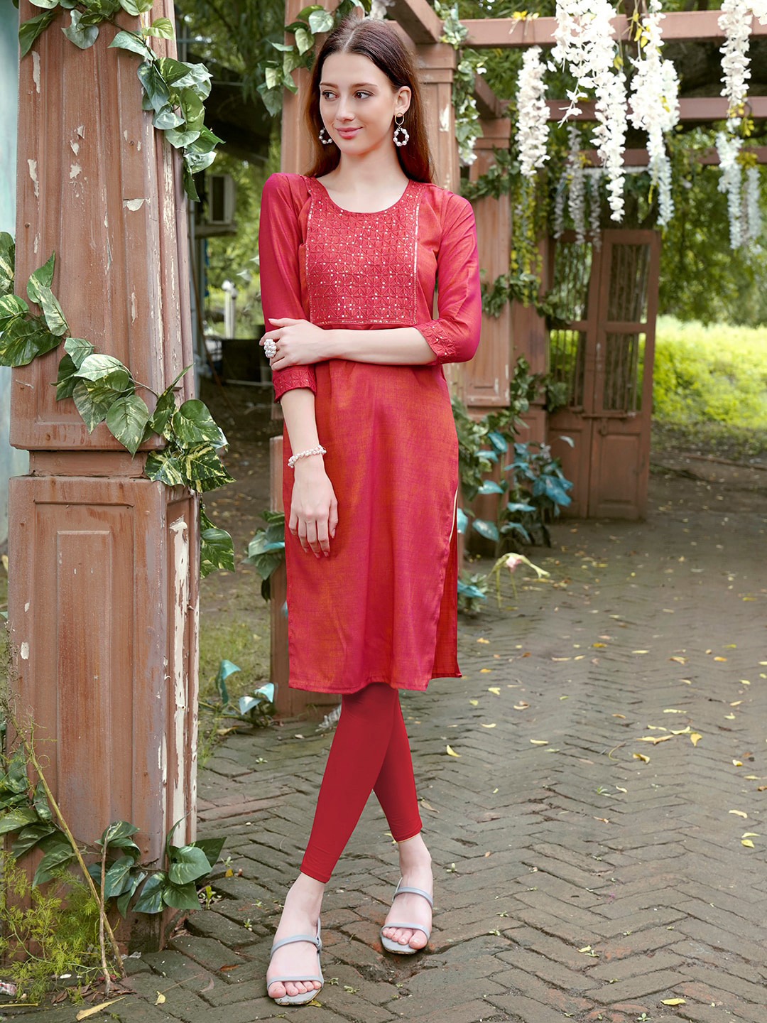 Anouk Rustic Red Ethnic Yoke Design Sequins Straight Kurta