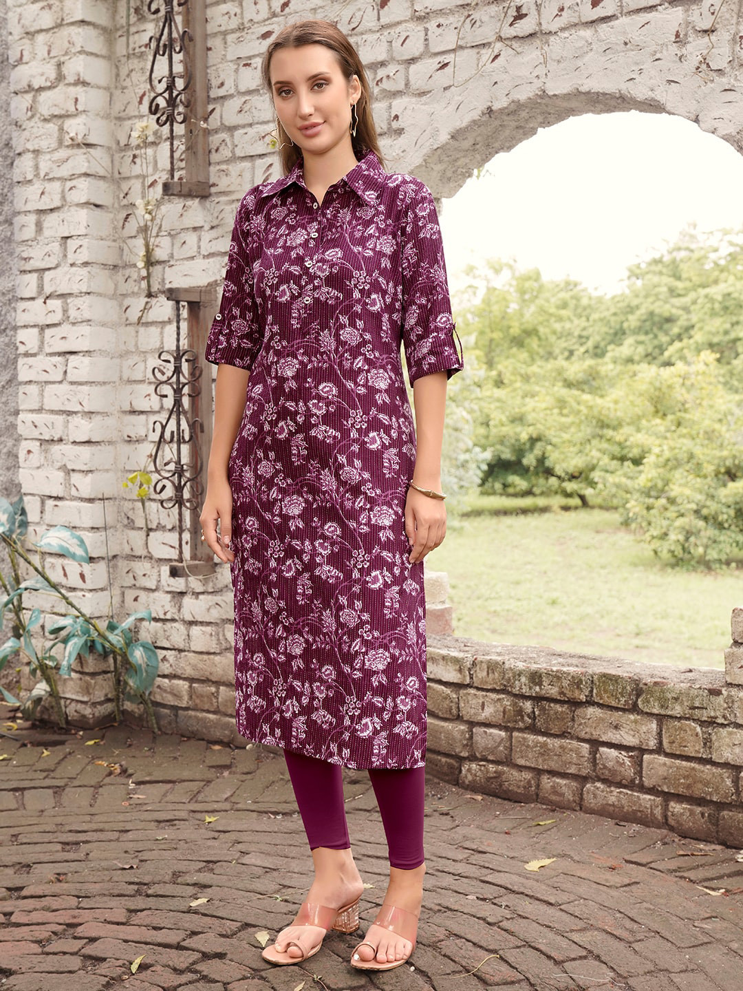 Anouk Rustic  Purple Floral Printed Shirt Collar Pure Cotton Straight Kurta
