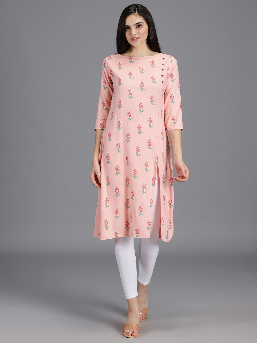 HAY Floral Printed Boat Neck Liva Kurta
