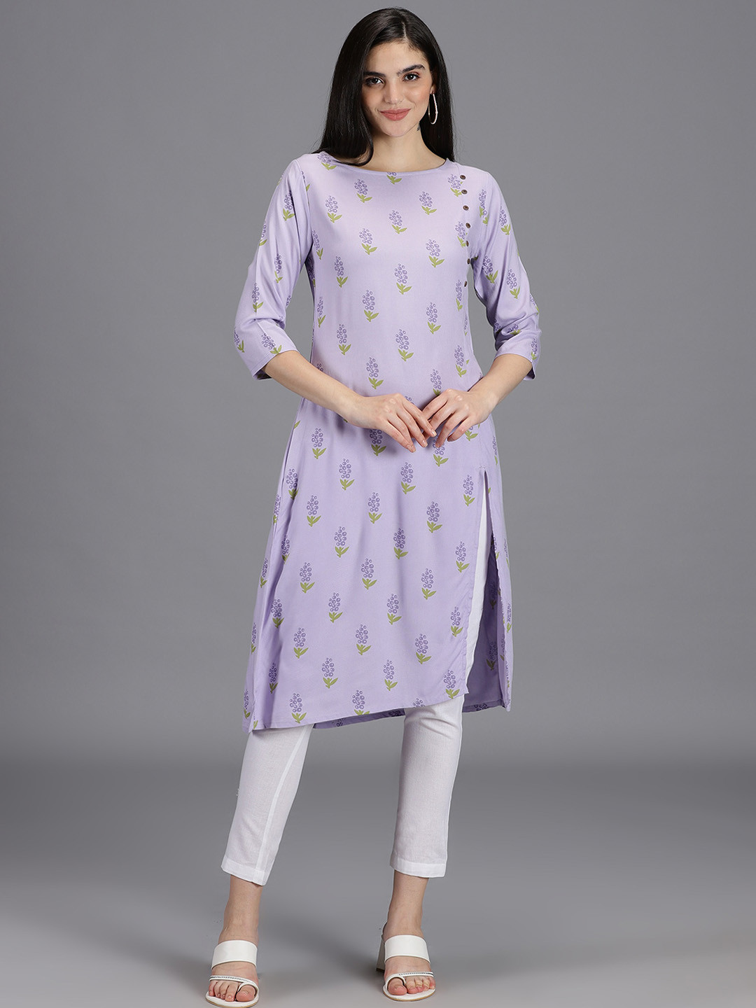 HAY Floral Printed Boat Neck Liva Kurta