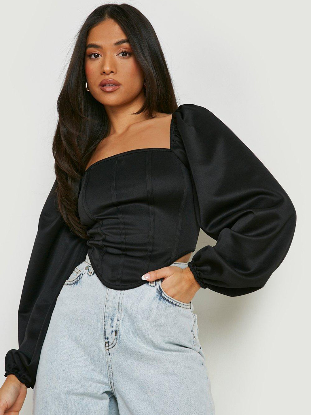 Boohoo Petite Puff Sleeve Dipped Hem Satin Corset Top