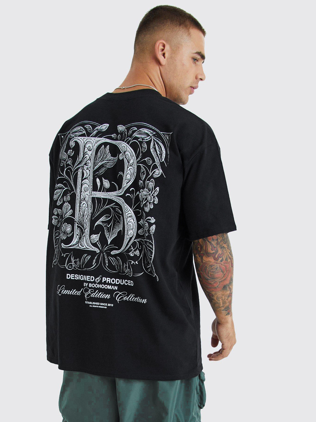 boohooMAN Gothic Floral B Printed Drop-Shoulder Sleeves Oversized T-shirt