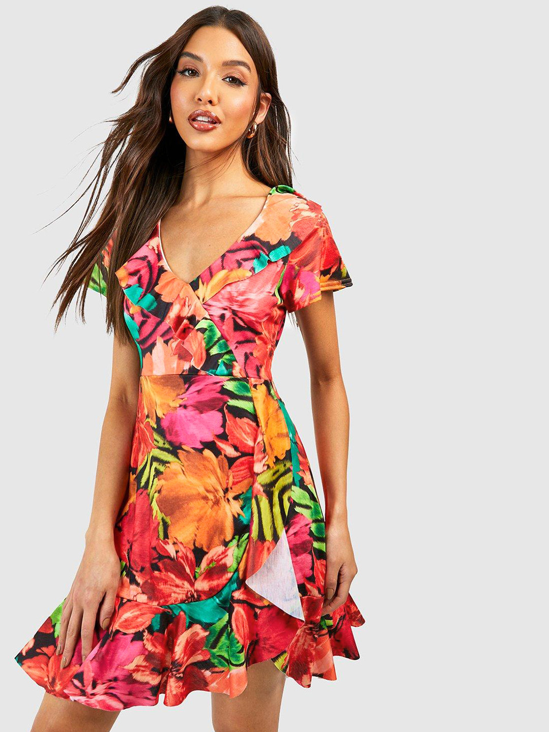 Boohoo Floral Print Ruffled Mini Dress