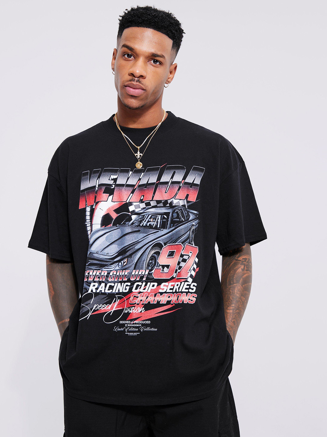 boohooMAN Car Printed Drop-Shoulder Sleeves Pure Cotton Oversized T-shirt