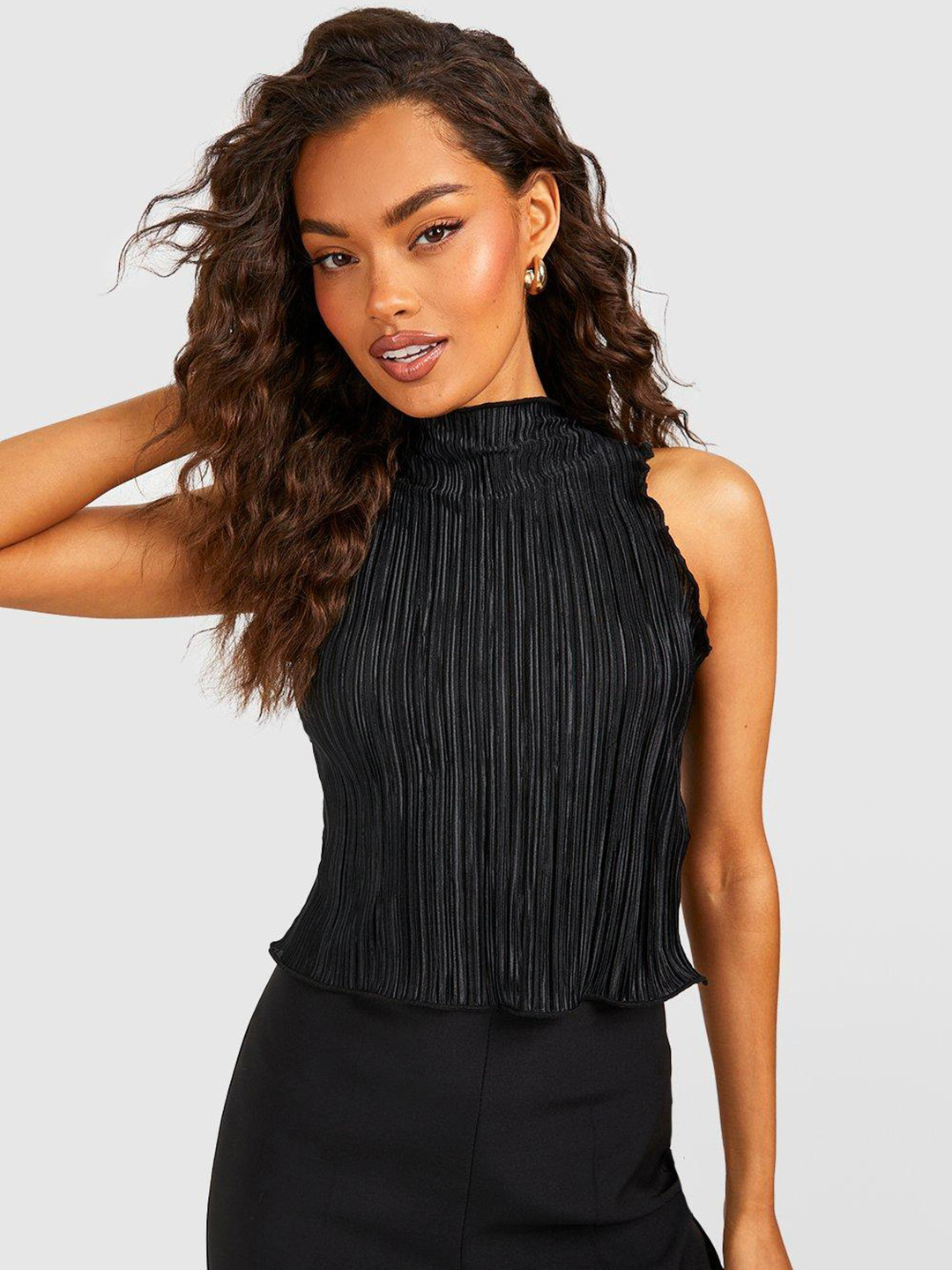 Boohoo Plisse High Neck Sleeveless Top