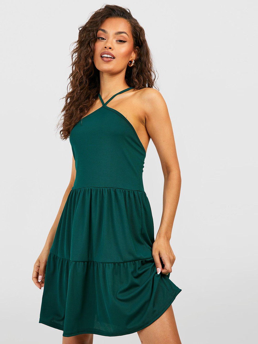 Boohoo Ribbed A-Line Mini Dress