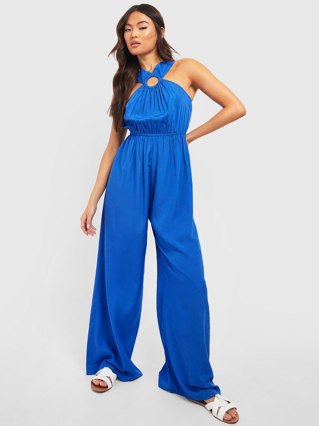 Boohoo Halter Neck Ring Detail Wide Leg Jumpsuit