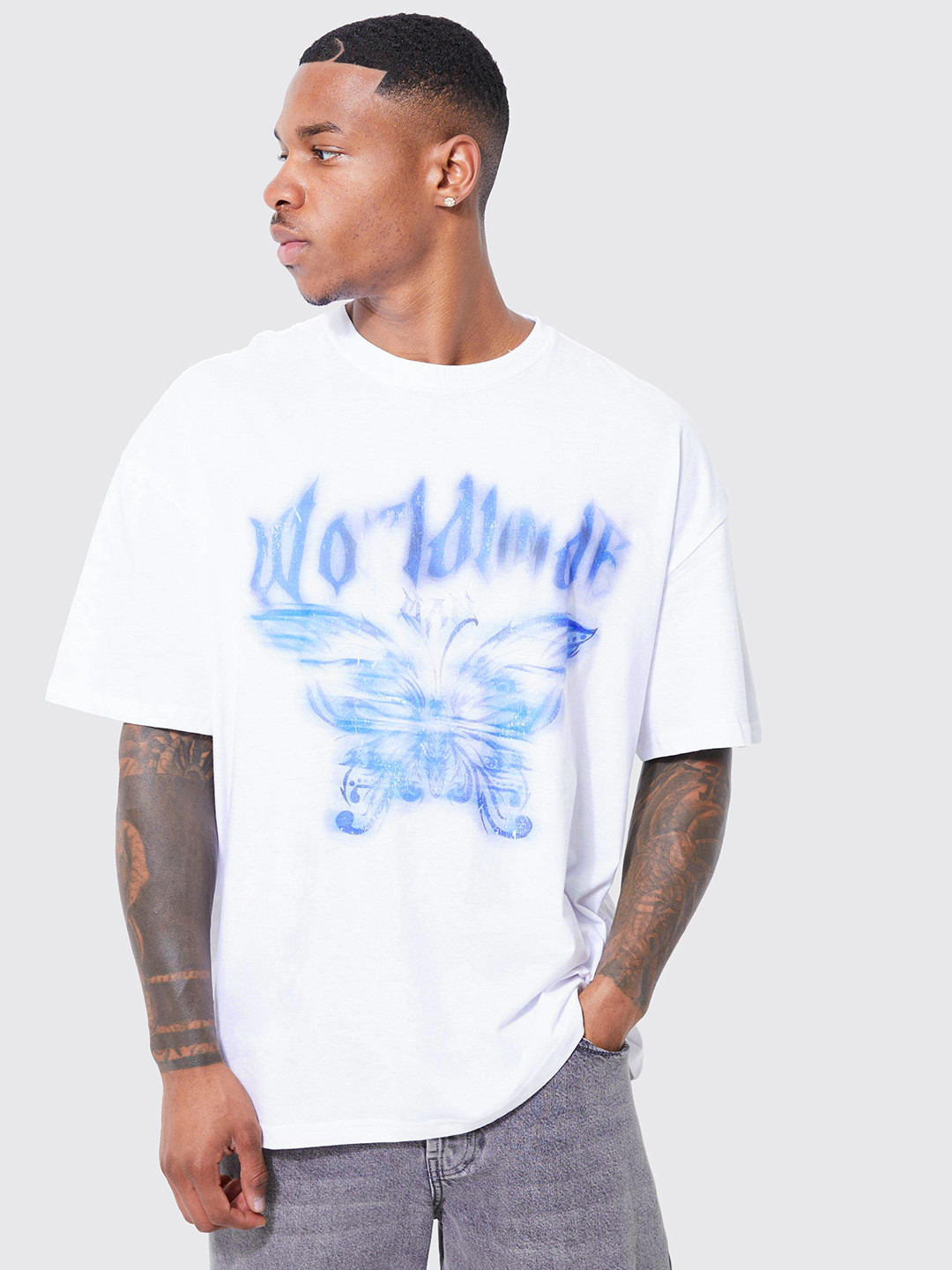 boohooMAN Gothic Butterfly Printed Drop-Shoulder Sleeves Pure Cotton Oversized T-shirt