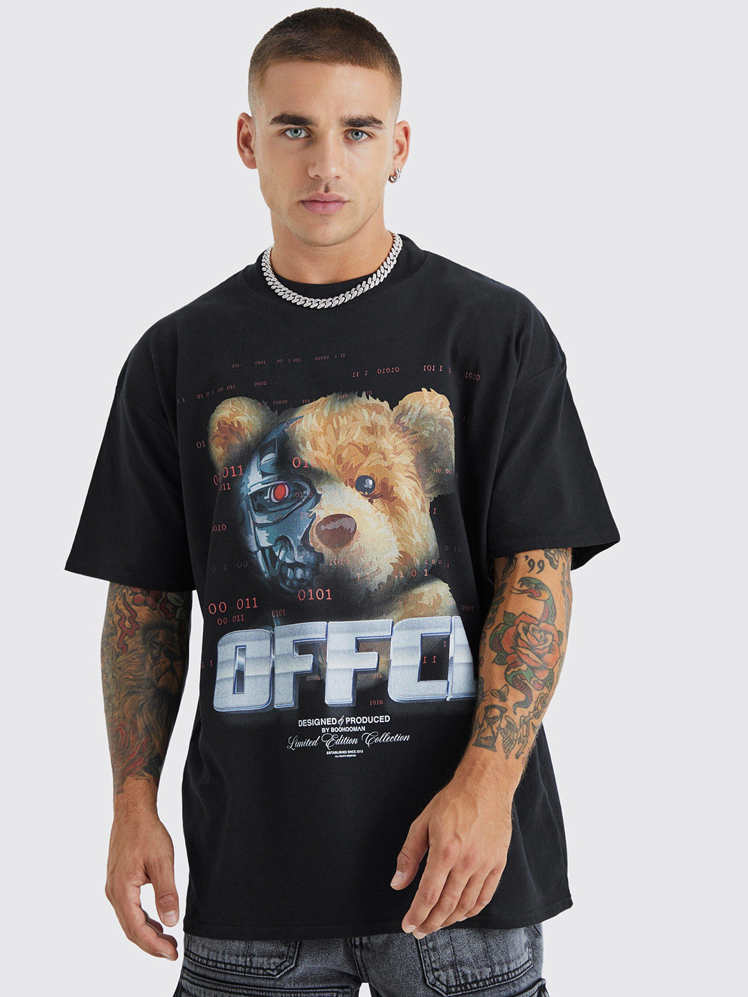 boohooMAN Teddy The Robot Printed Drop-Shoulder Sleeves Oversized T-shirt