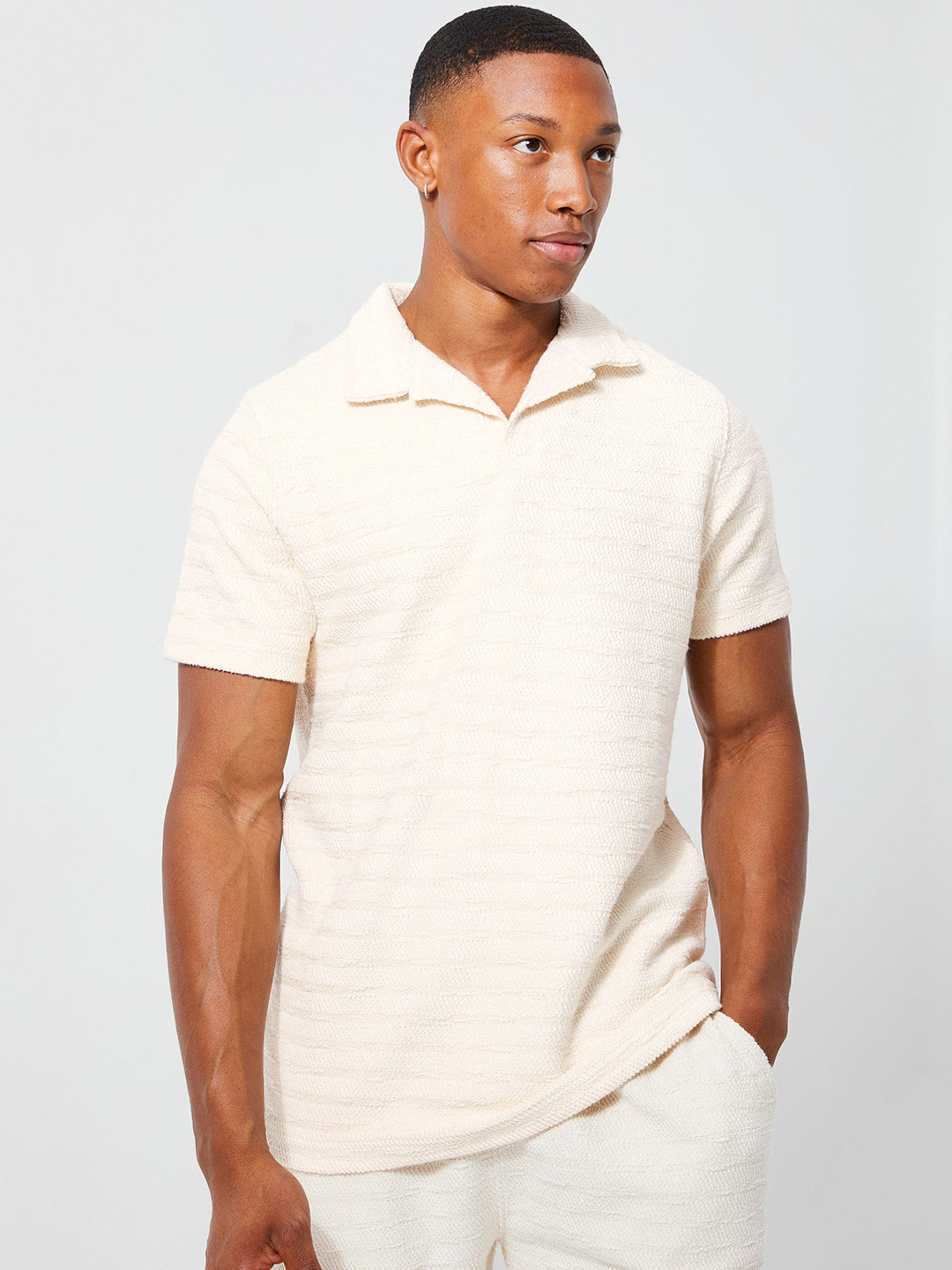 boohooMAN Textured Jacquard Revere Polo Pure Cotton Slim Fit T-shirt