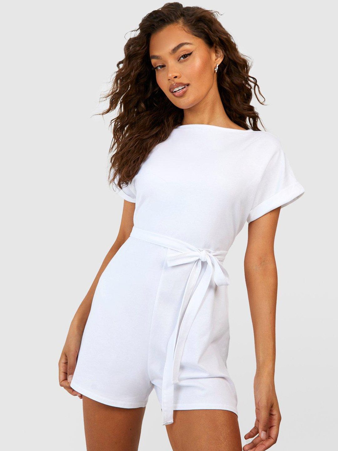 Boohoo Slash Neck Tie-Up Detail Playsuit