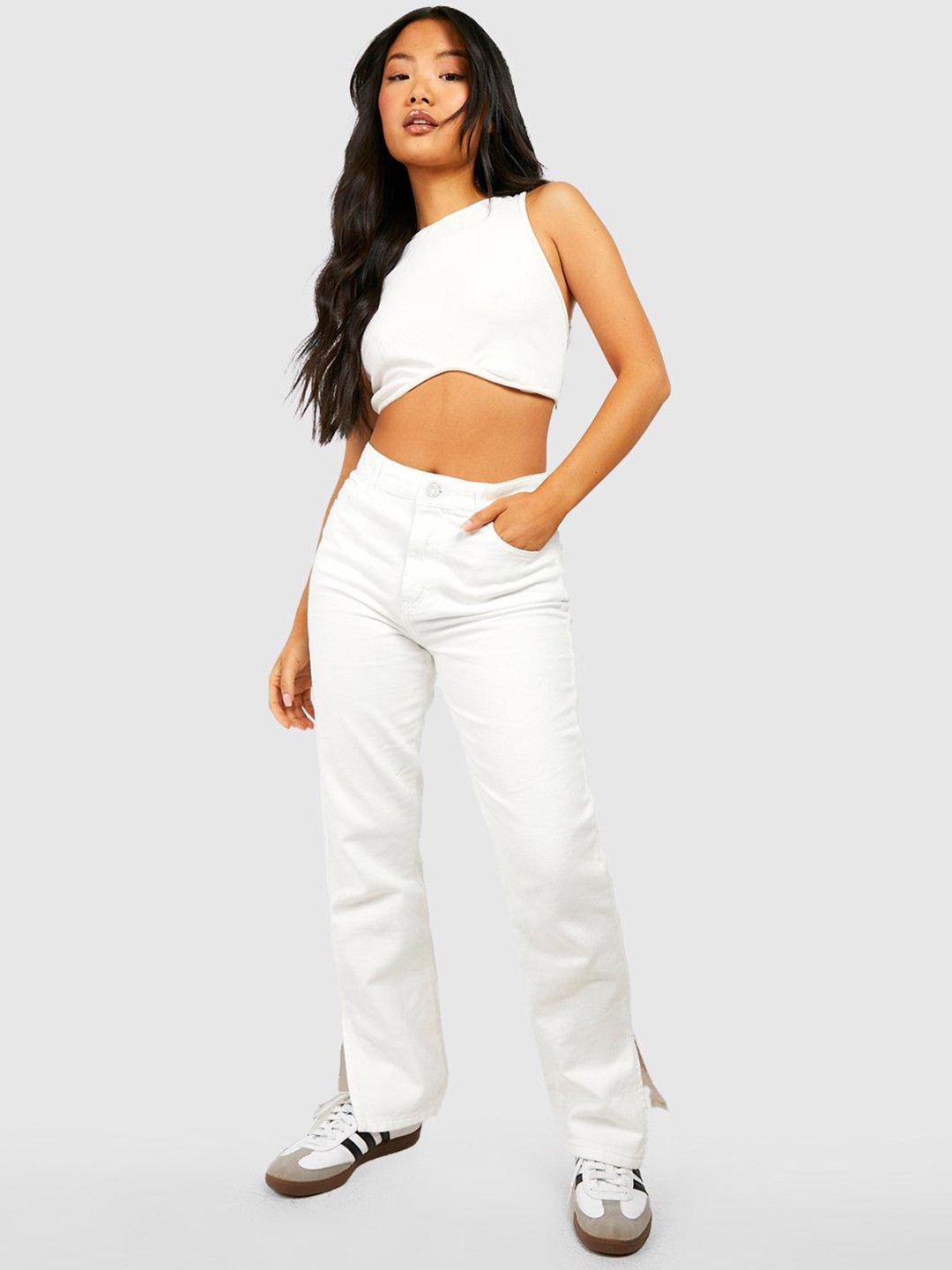 Boohoo Women Petite High Waist Split Hem Cotton Jeans