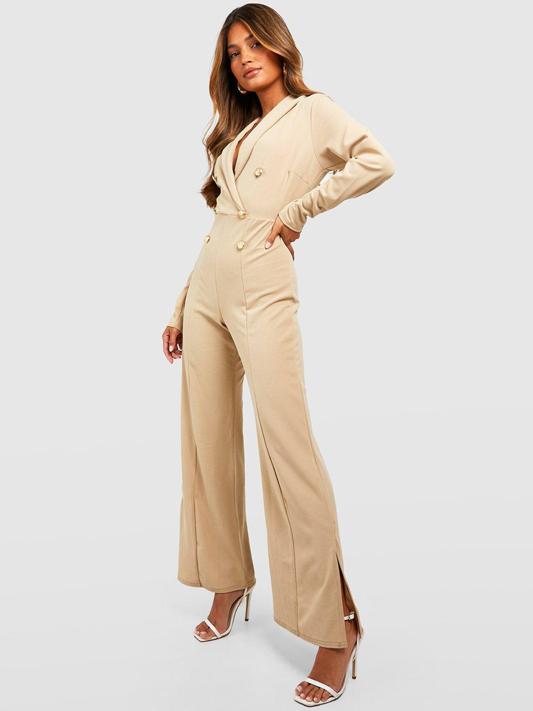 Boohoo Shawl Neck Button Detail Wide Leg Jumpsuit
