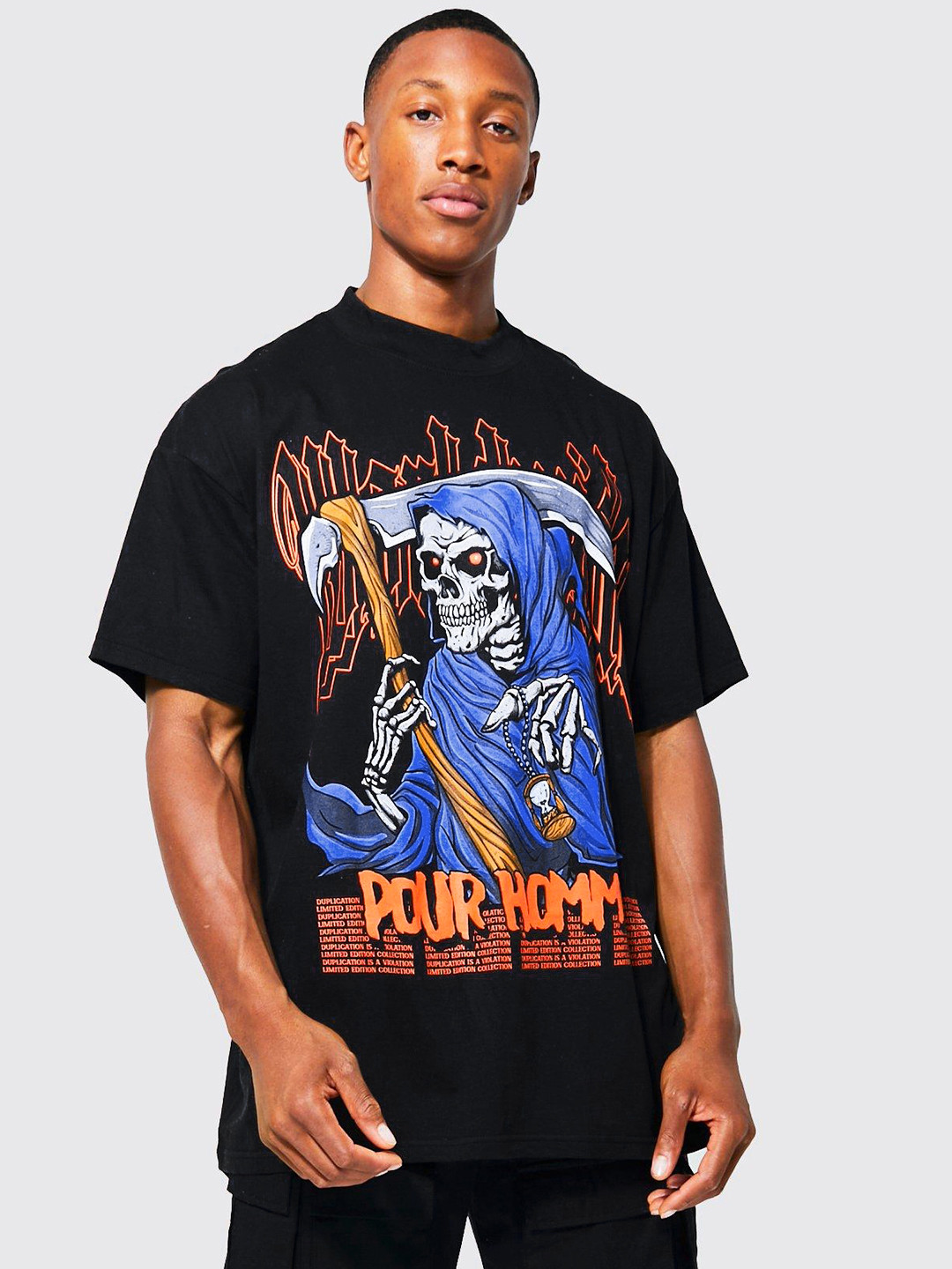 boohooMAN Grim Reaper Printed Drop-Shoulder Sleeves Pure Cotton Oversized T-shirt