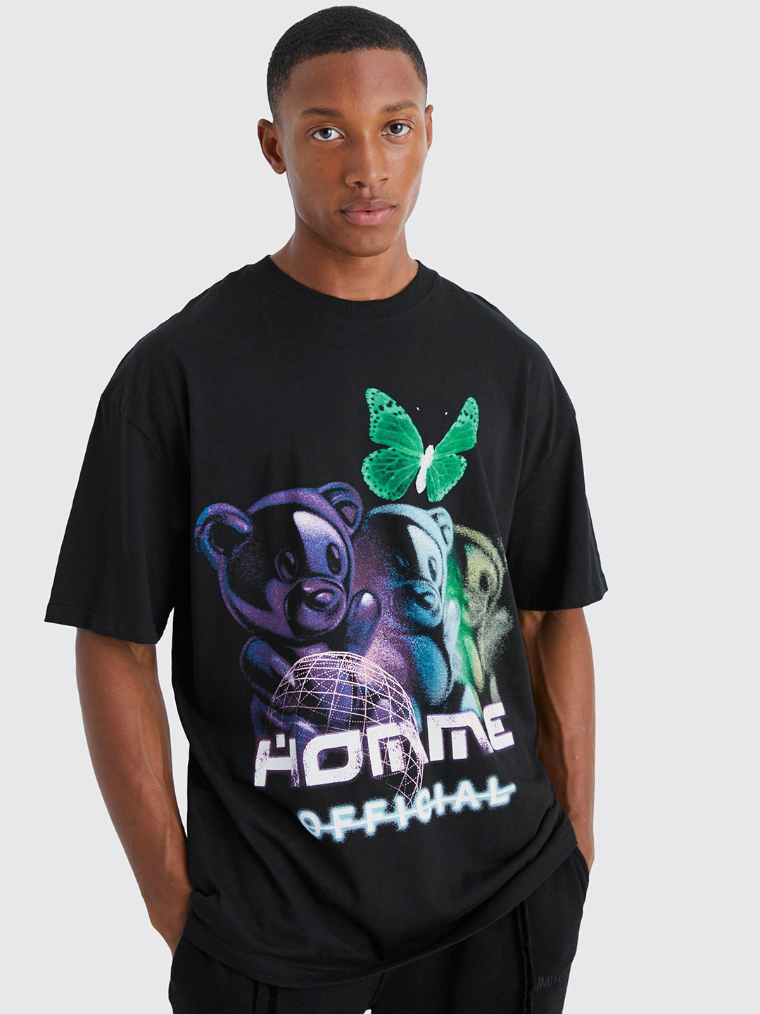 boohooMAN Teddy Butterfly Printed Drop-Shoulder Sleeves Pure Cotton Oversized T-shirt