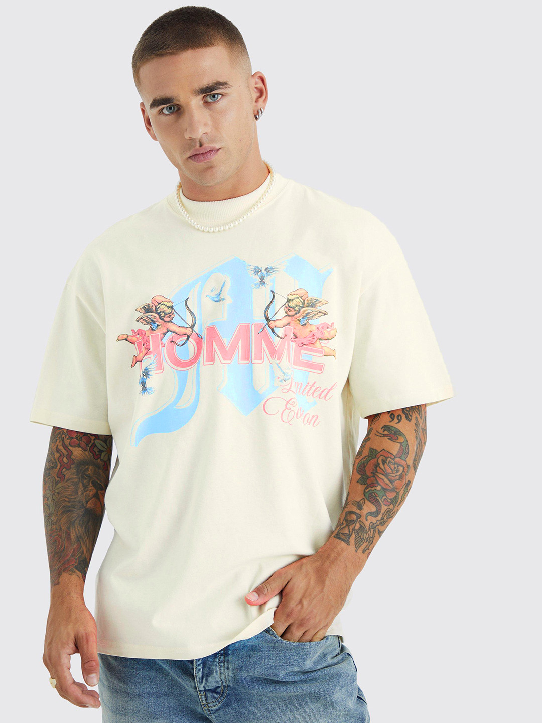 boohooMAN Cupids Love Printed Drop-Shoulder Sleeves Pure Cotton Oversized T-shirt