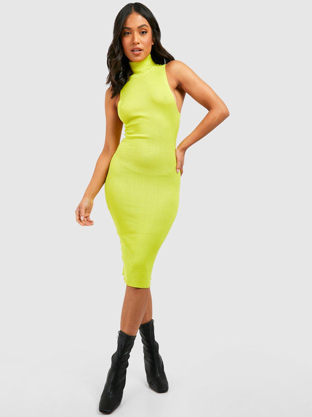 Boohoo Petite High Neck Rib Knitted Bodycon Midi Dress