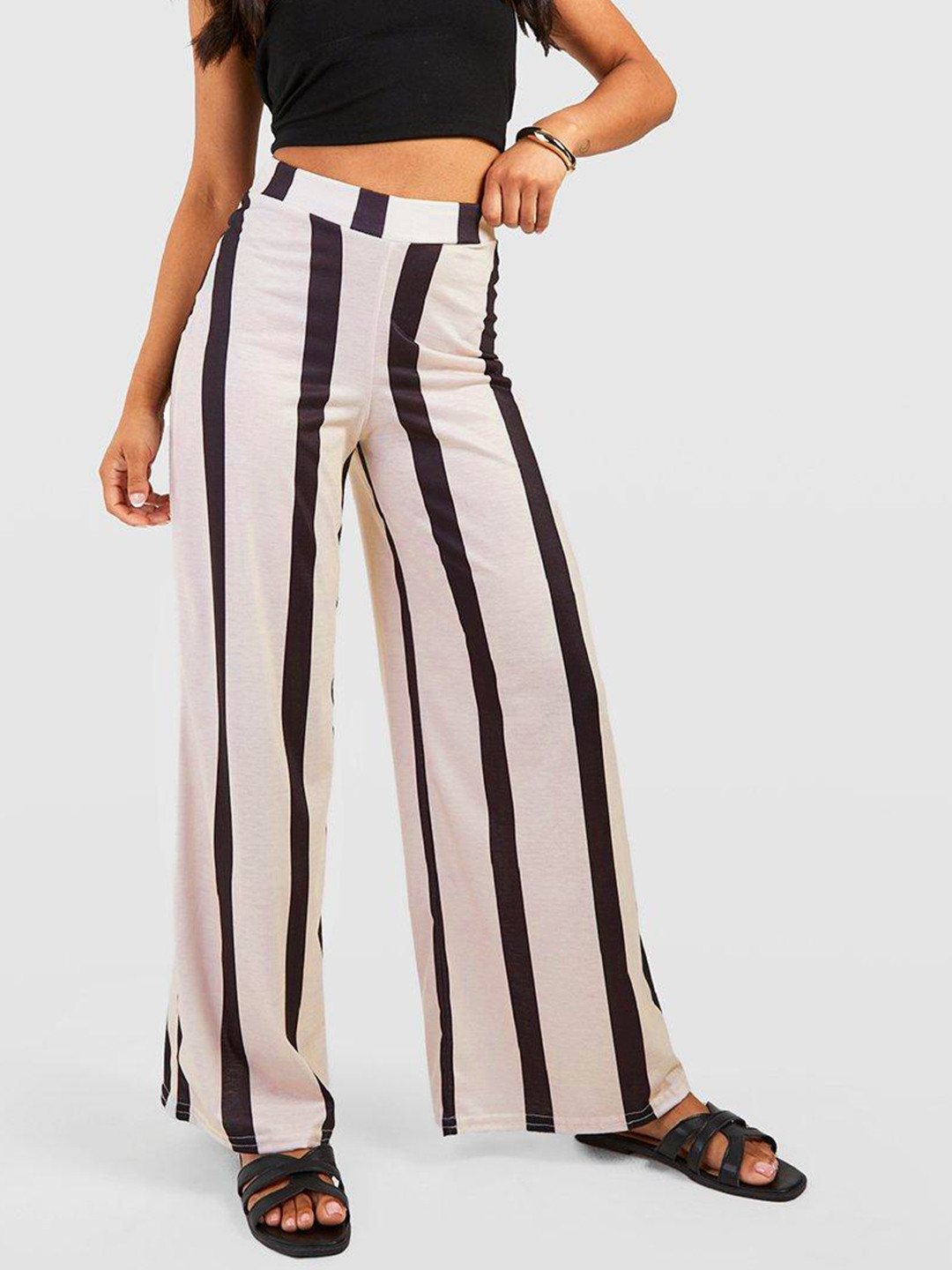 Boohoo Women Petite Striped Wide Leg Trousers