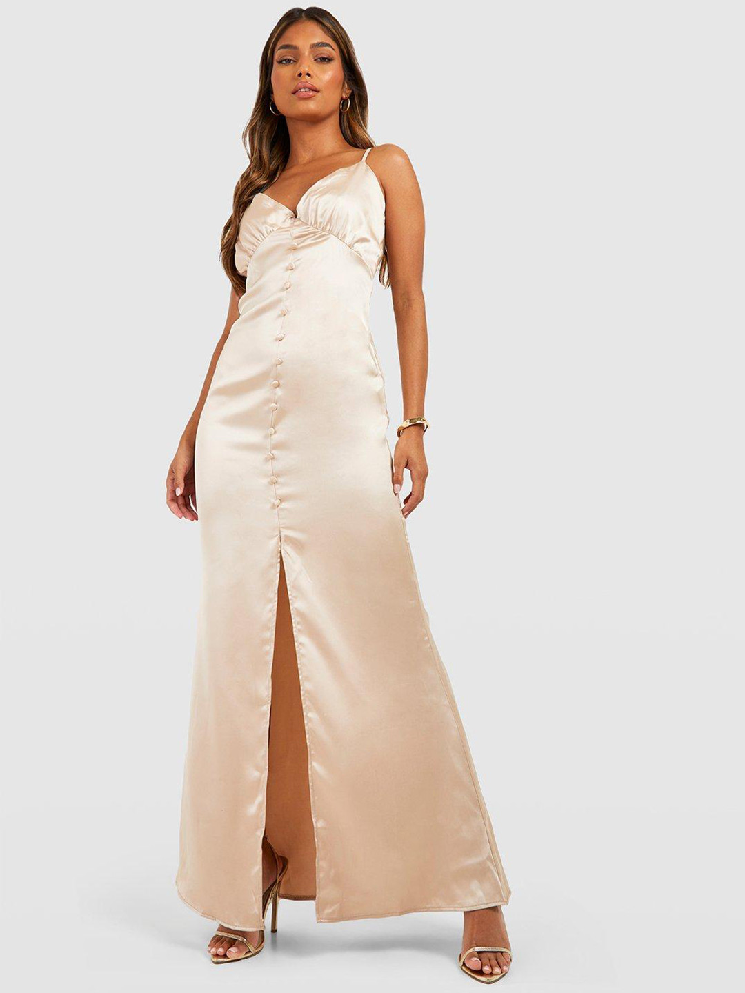 Boohoo Beige Satin Maxi Dress