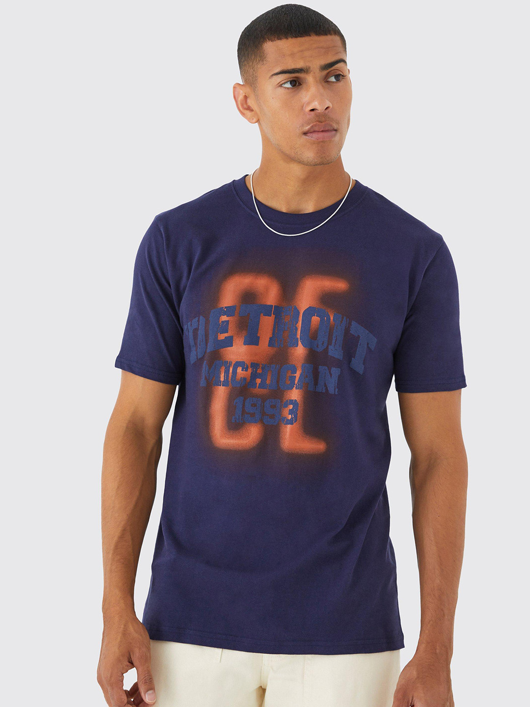 boohooMAN Blurred Detroit Varsity Pure Cotton T-shirt