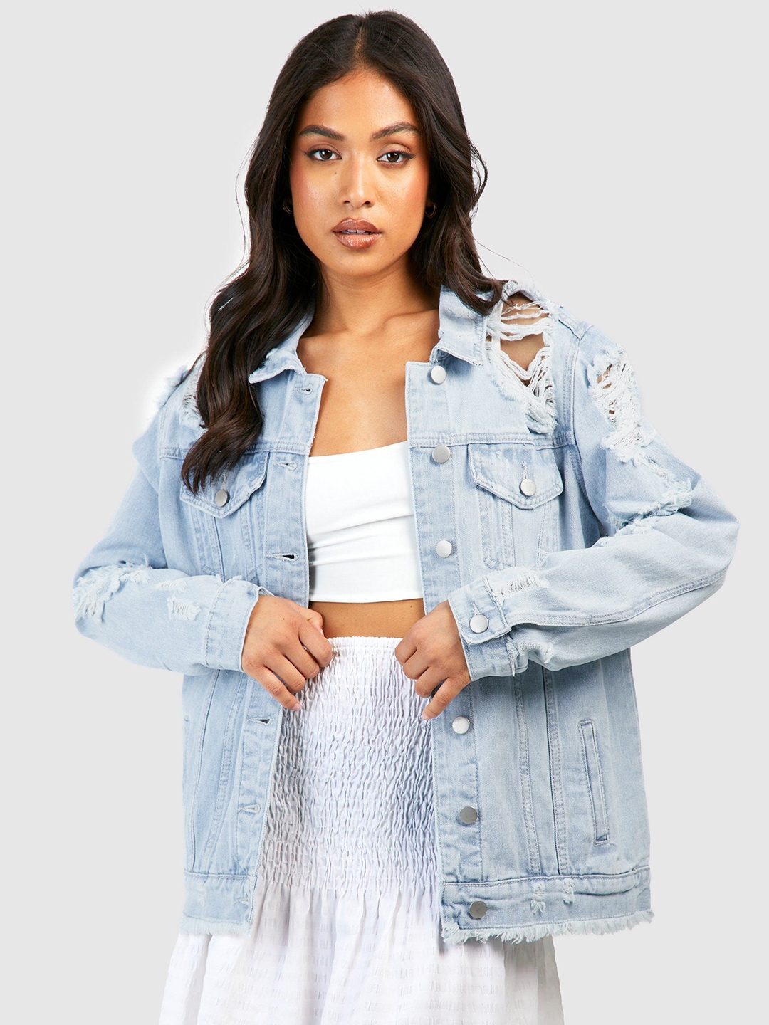 Boohoo Petite Distressed Oversized Denim Jacket