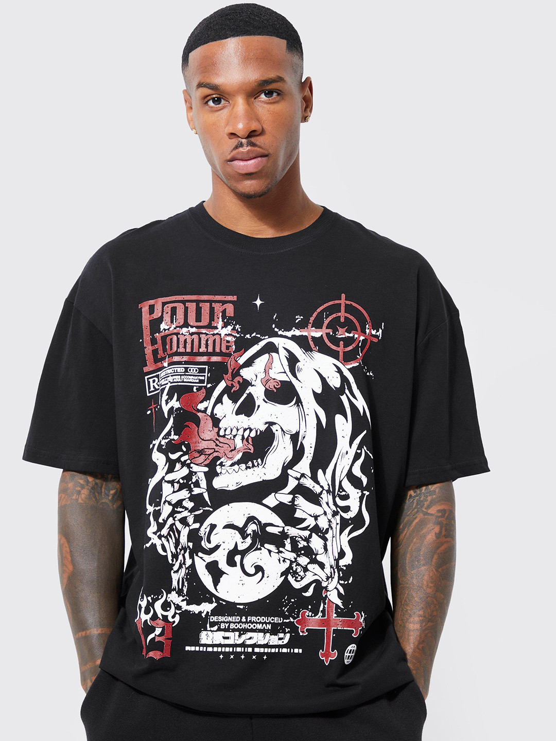 boohooMAN Grim Reeper Printed Drop-Shoulder Sleeves Pure Cotton Oversized T-shirt