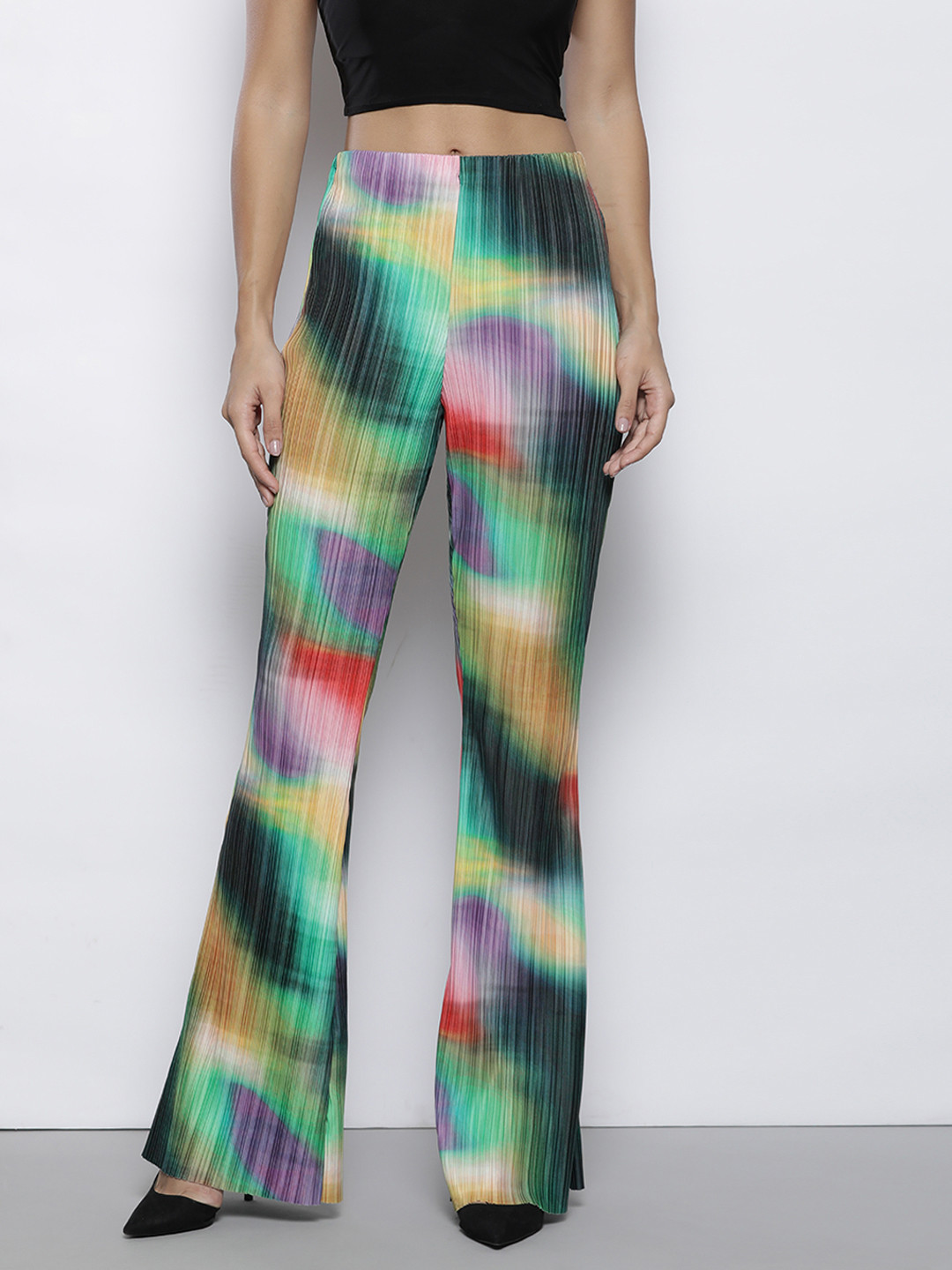Boohoo Women Abstract Plisse Flared Trousers