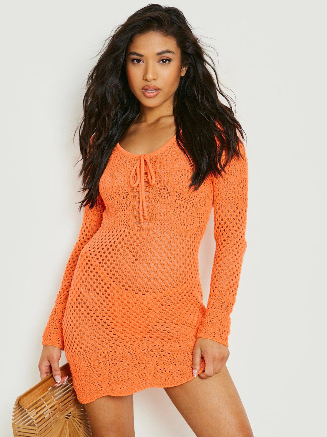Boohoo Petite Tie-Up Neck Crochet Mini Dress