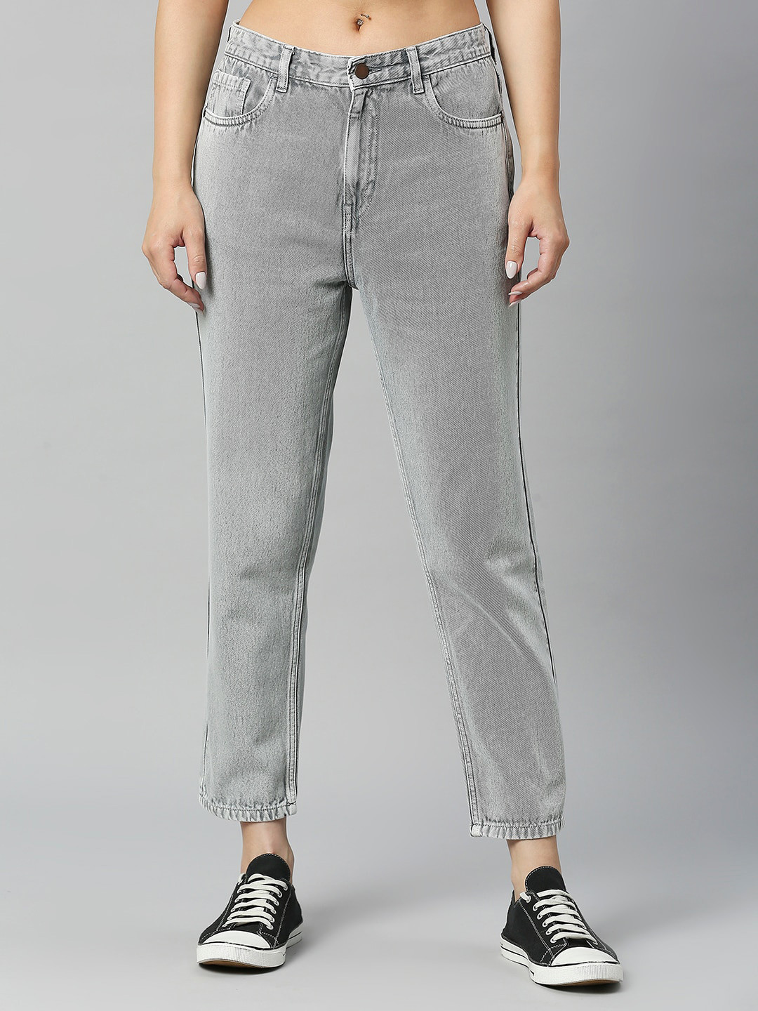 Harvard Grey Women High-Rise Mom Fit Clean Look Heavy Fade Pure Cotton Jeans