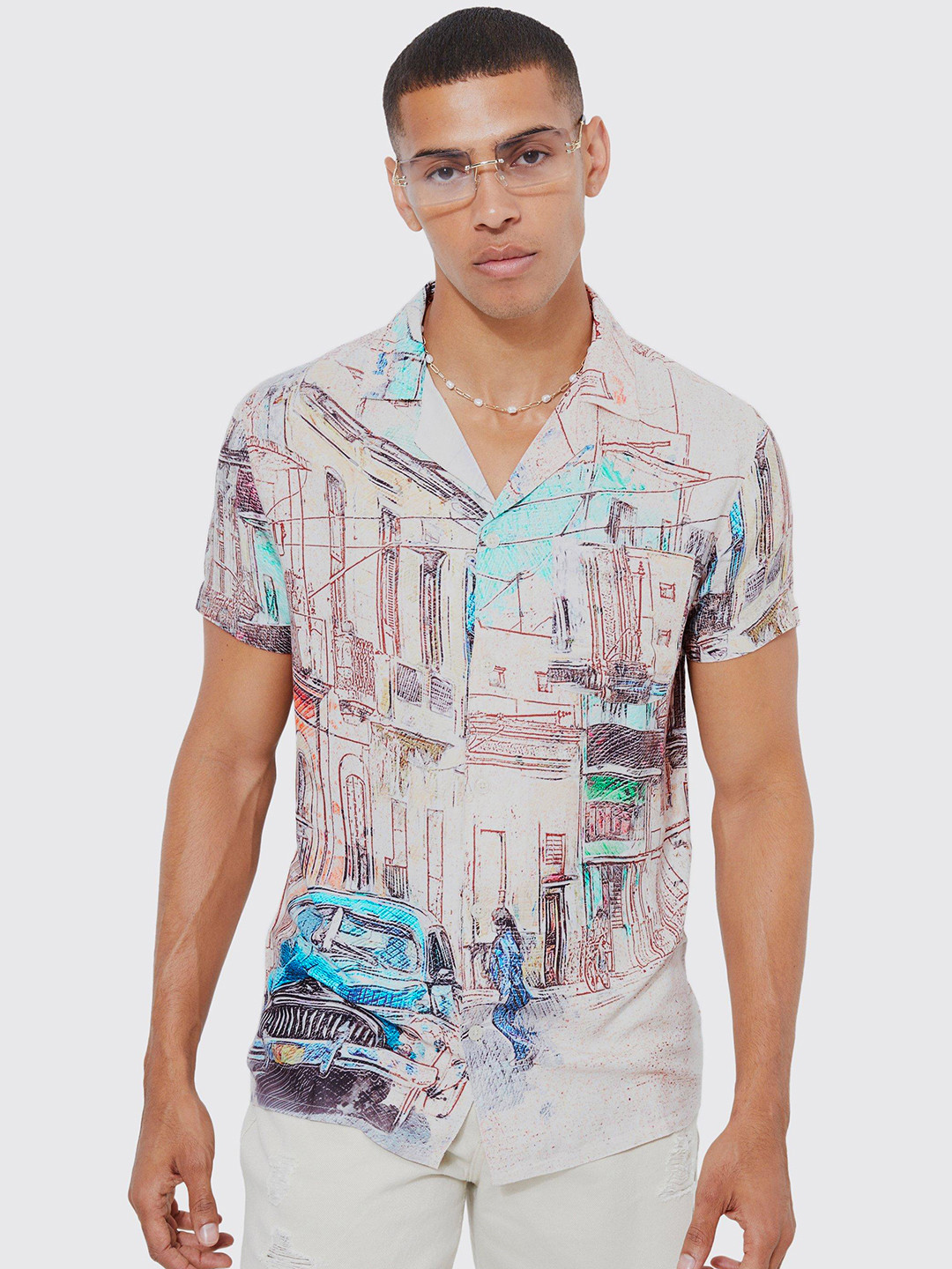 boohooMAN Graphic Printed Slub Casual Shirt