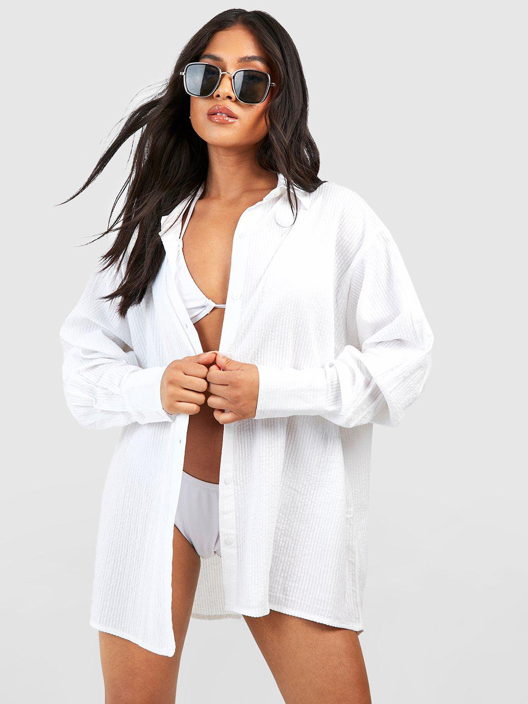 Boohoo Petite Self-Striped Cotton Oversized Shirt