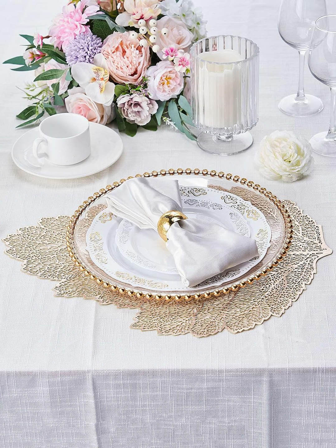 Dakshya Industries Gold-Toned 2-Pieces Floral Leaf Shape Table Placemats