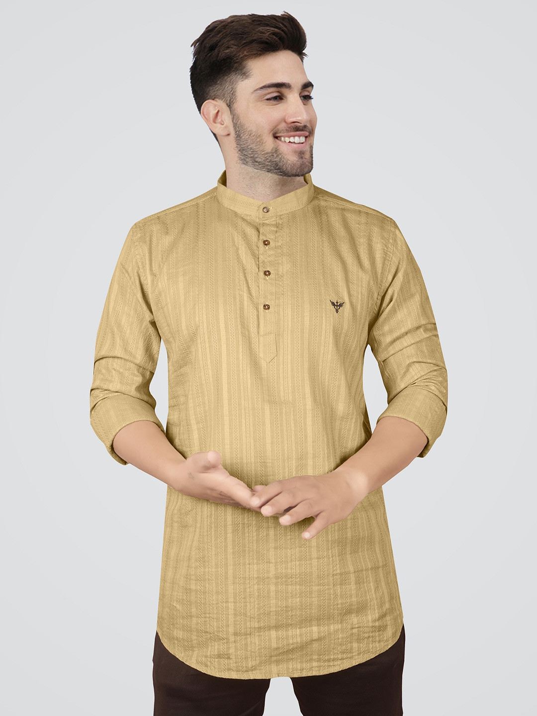 Jb Just BLACK Classic Slim Fit Band Collar Vertical Striped Linen Casual Shirt