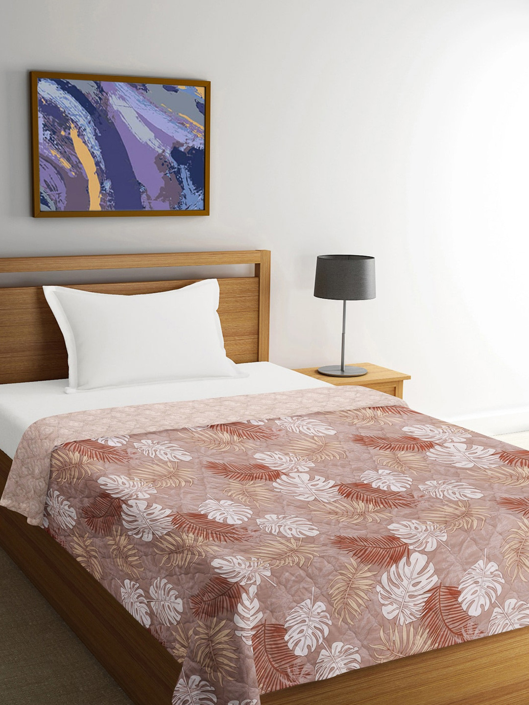 FABINALIV Beige & Brown Floral Print Reversible Mild Winter 350 GSM Single Bed Comforter