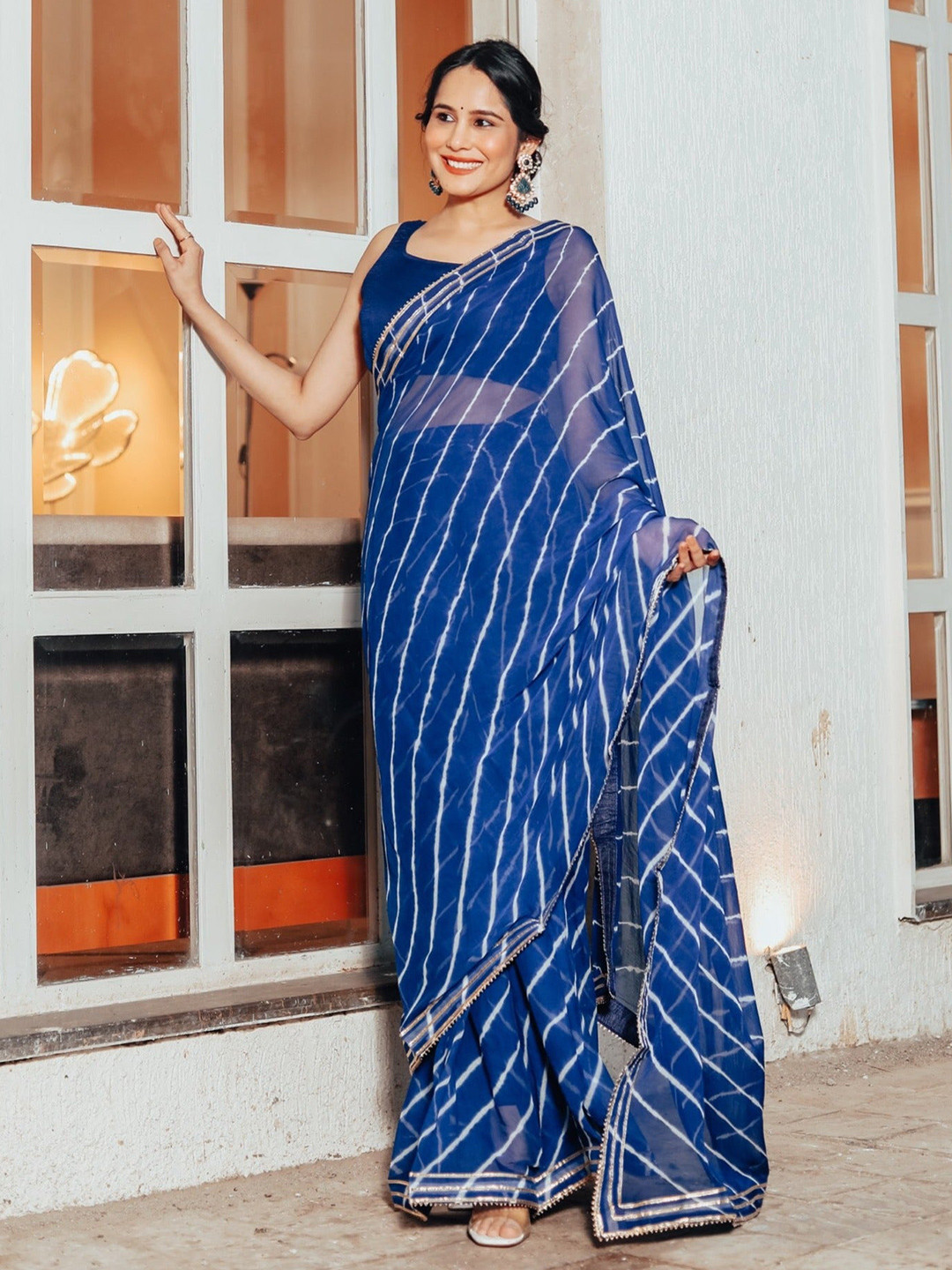Thread & Button Leheriya Printed Gotta Patti Pure Chiffon Saree