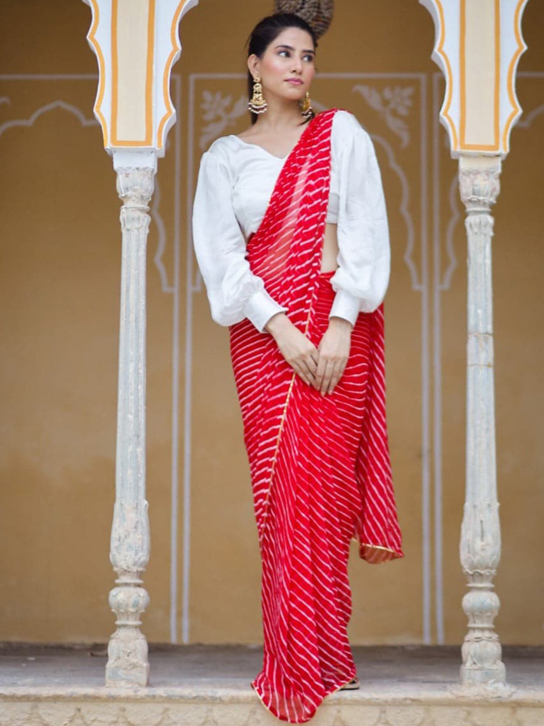 Thread & Button Leheriya Printed Embellished Pure Chiffon Saree