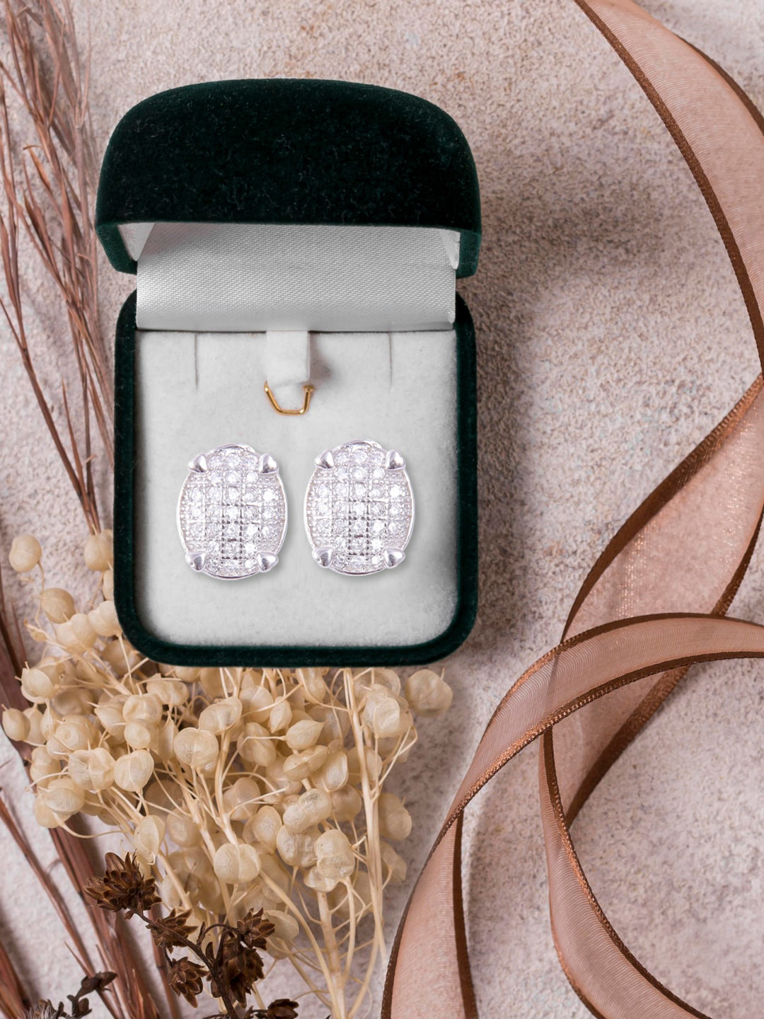 Abhooshan Oval Shaped CZ Stone Studded 925 Sterling Silver Studs Earrings