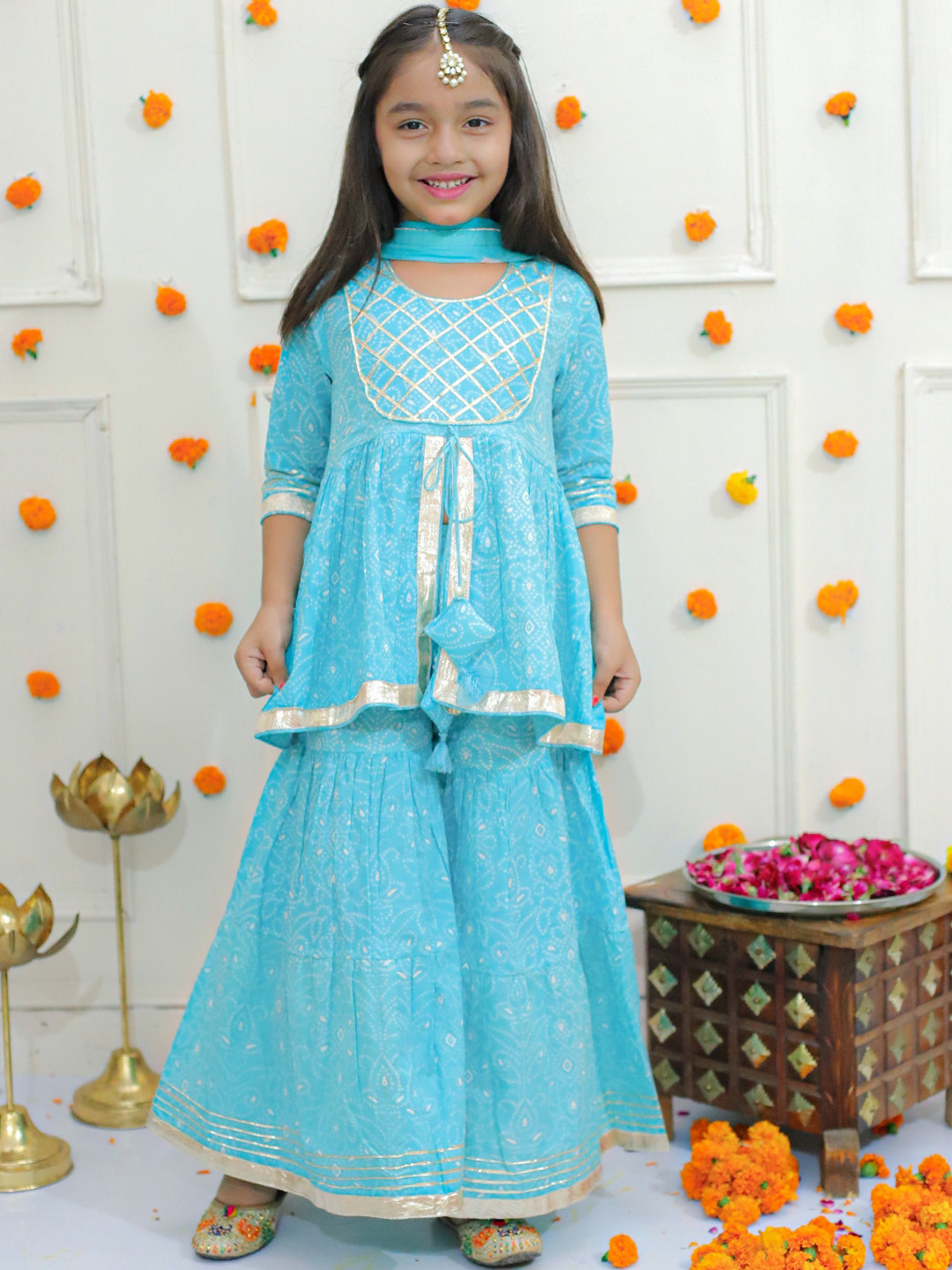 Ka-mee Girls Bandhani Printed Empire Pure Cotton Kurti with Sharara & Dupatta