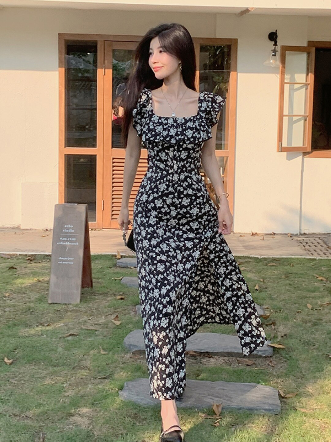 StyleCast Black Floral Printed Square Neck Flutter Sleeves Ruffle Detailed Maxi Dress