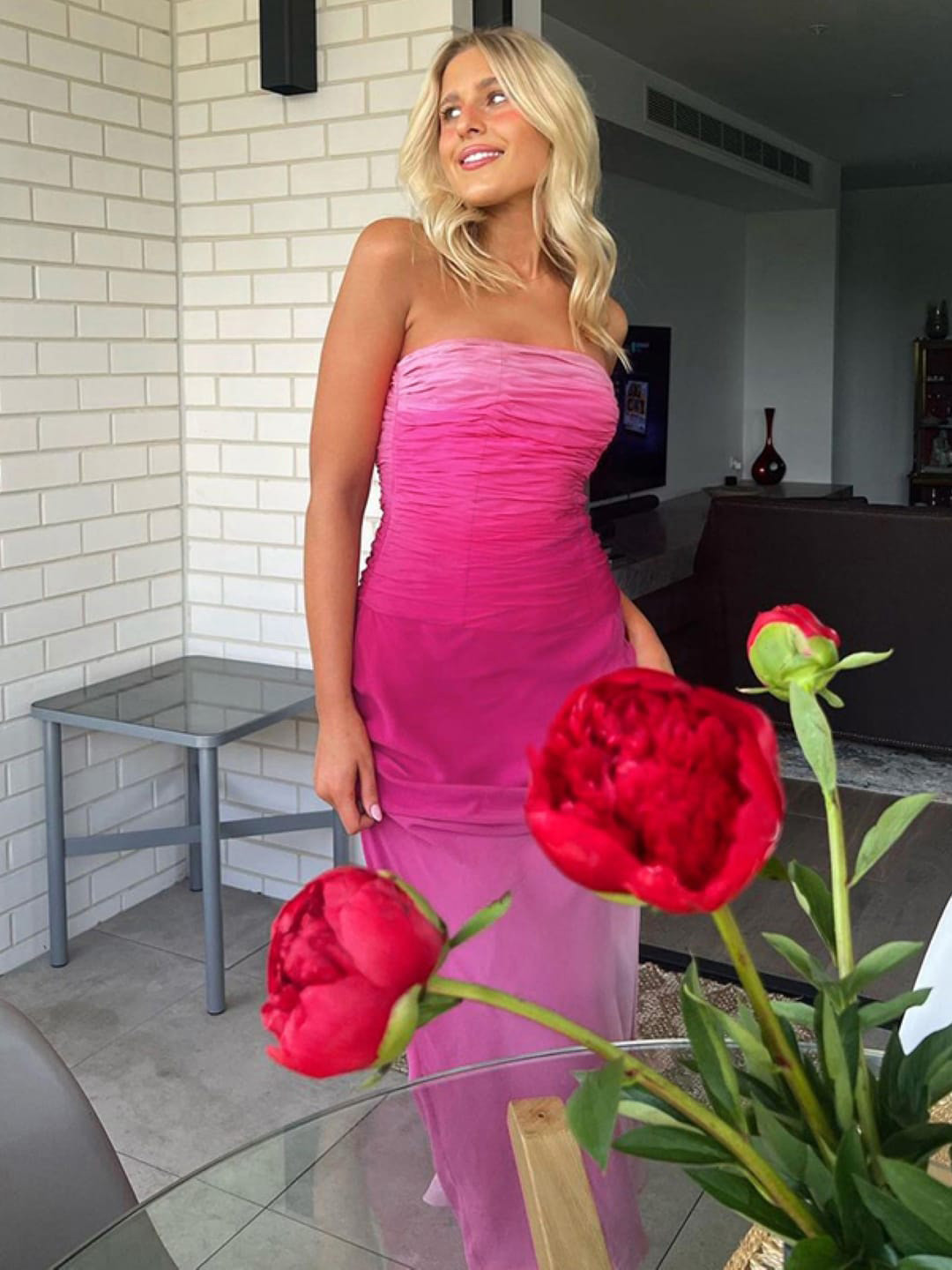 StyleCast Pink Strapless Ruched Bodycon Maxi Dress