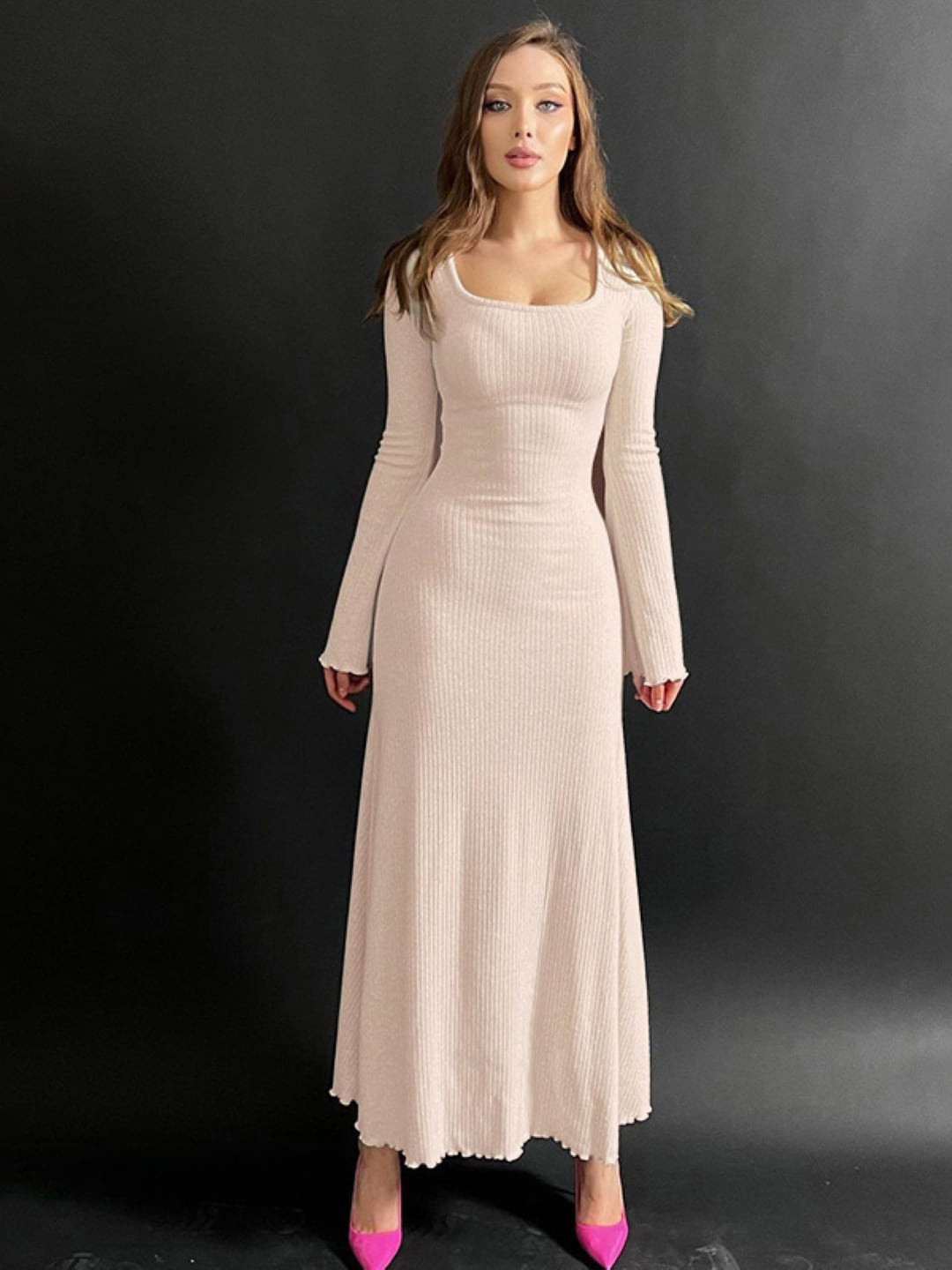 StyleCast Cream-Coloured Square Neck Long Sleeves A-Line Maxi Dress