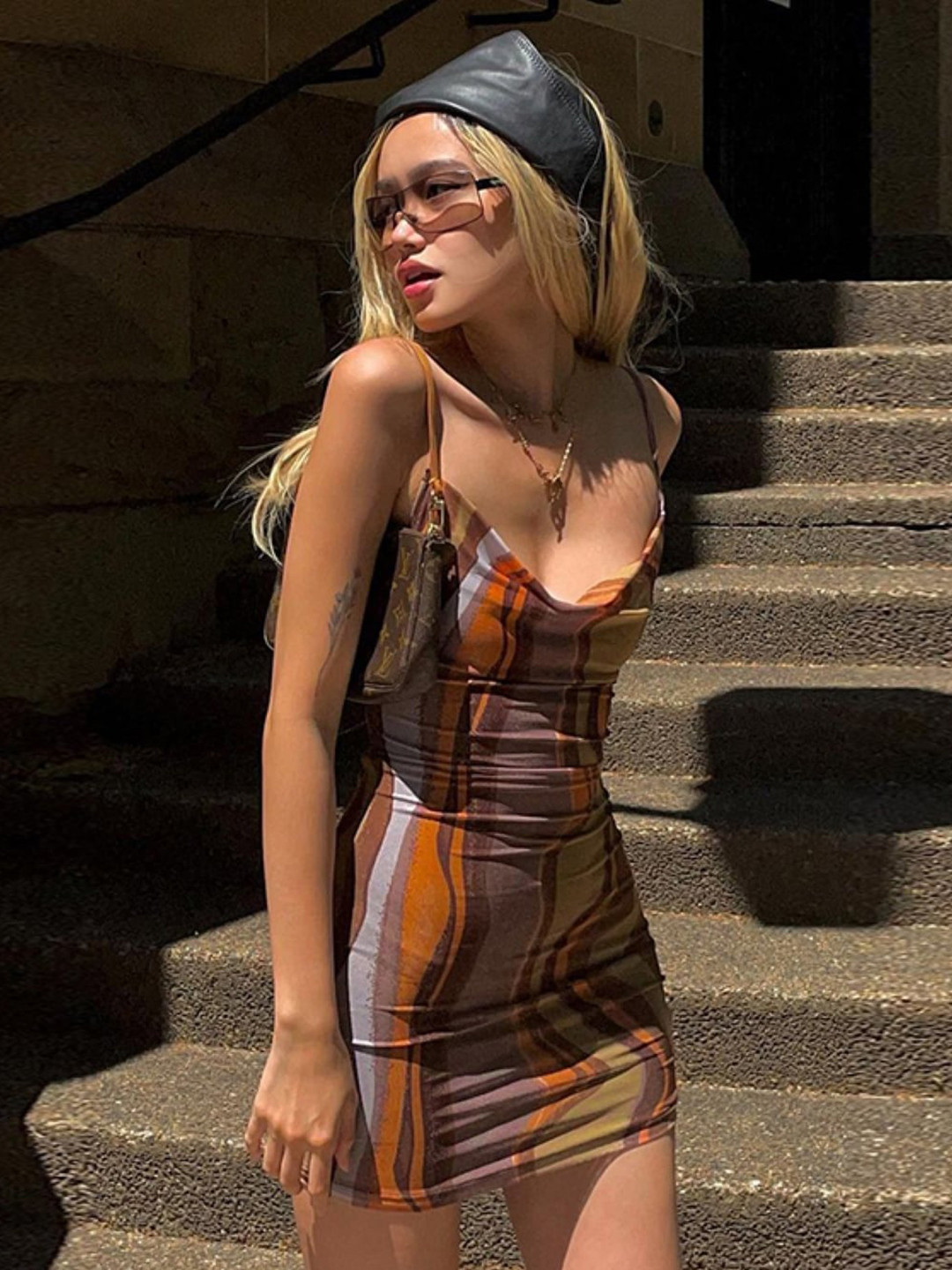 StyleCast Brown & Green Abstract Printed Shoulder Strap Bodycon Dress